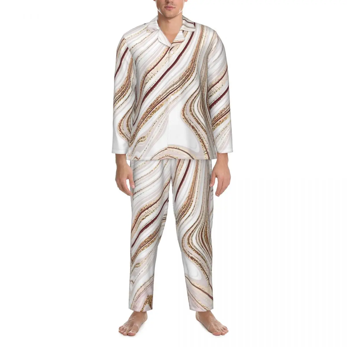 Rose Gold Liquid Marble Print Sleepwear Autumn Retro Oversized Pajama Set Men Long Sleeve Kawaii Home Custom Nightwear