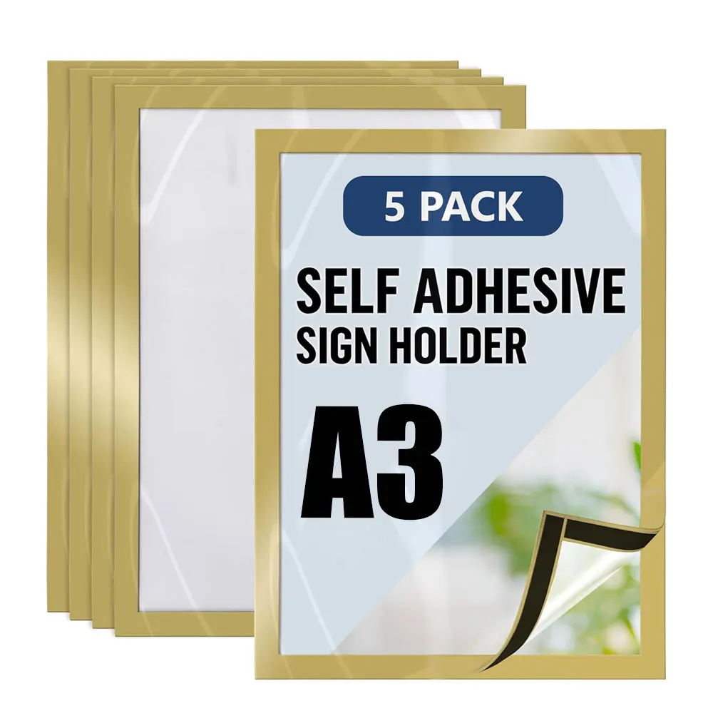 5Pcs A3 Gold/Silver Self-Adhesive Magnetic Display Frames, Clear Plastic Document Frames, Suitable for Homes, Offices and Stores