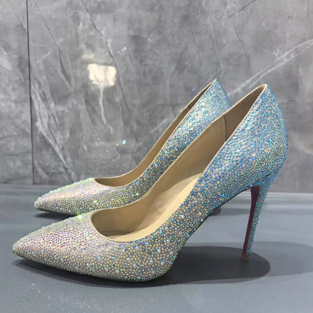 Colorful Gradient Rhinestone High Heels Shiny Luxury Crystal Shoes Pointed Stiletto Slip-On Sexy Pumps Large Size Wedding Shoes