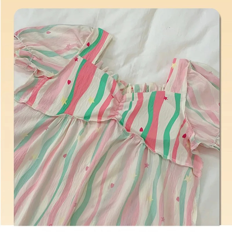 M-2XL Summer Print Sleep Dress Large Size Women's Bra Free Loose Home Clothes Girl Sle Korean Version Square Collar Nightgown