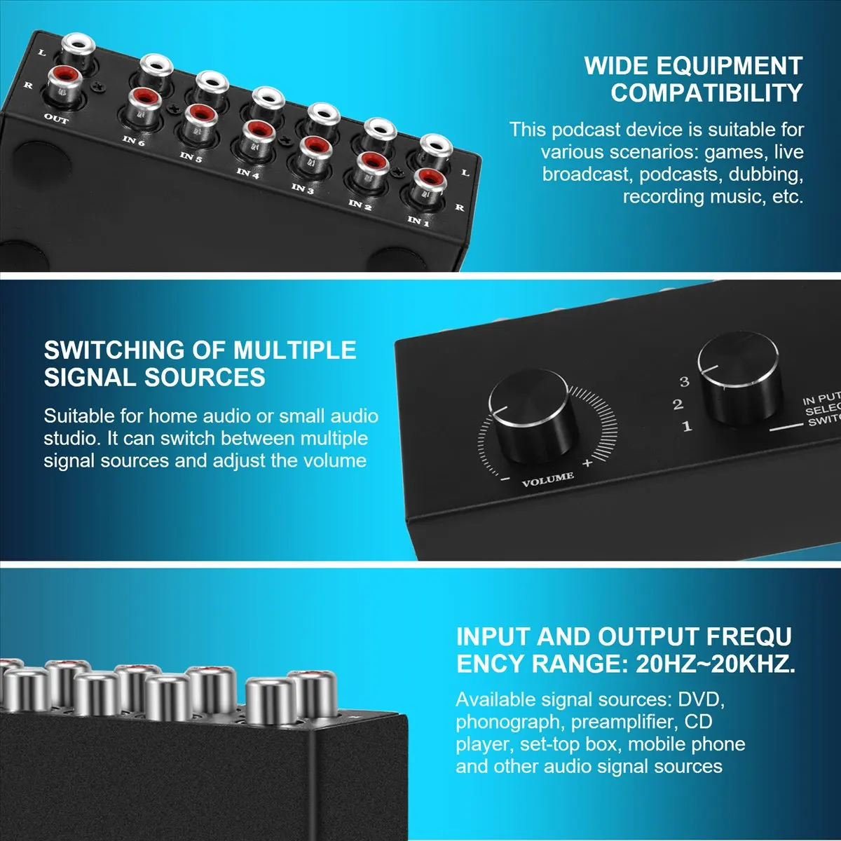 

AB25 6-в-1 переключатель стереоаудиосигнала L/R с кнопкой отключения звука, портативный RCA-переключатель стереоаудиосигнала, аудиоразветвитель