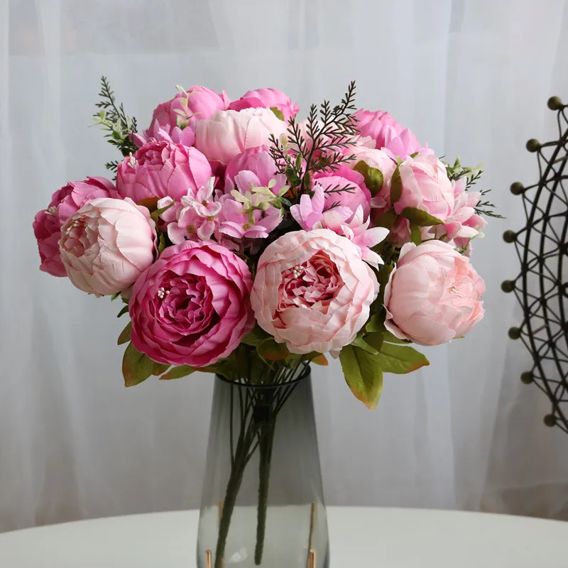 Free Shipping 2pcs/pack Double Pink Artficial China Penoy Bouquet Home Decoration Simulation Bride Holding Flower Friend Gift