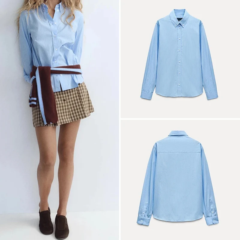 

Ele Cotton Striped irt Z, женская модная весенняя новая длинная блузка с отложным воротником Sve, полиэфирное волокно 227300