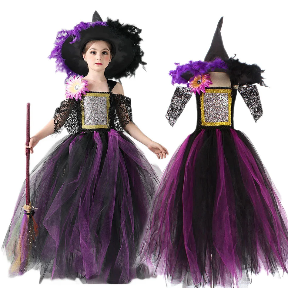 

Kids Witch Costume Children Halloween Wizard Clothes Child Pageant Outfits Girls Fairytale Cosplay Tutu Dress Party Tulle Gown