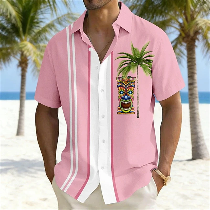 Summer Men's Retro Tiki Hawaiian Shirt Colorful Tiki Palm Tree Print Casual Short Sleeve Button Down Shirt Tropical Beach shirts