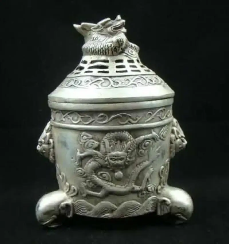 Collectible Handmade Carved Statue Copper Silver Dragon Incense Burner