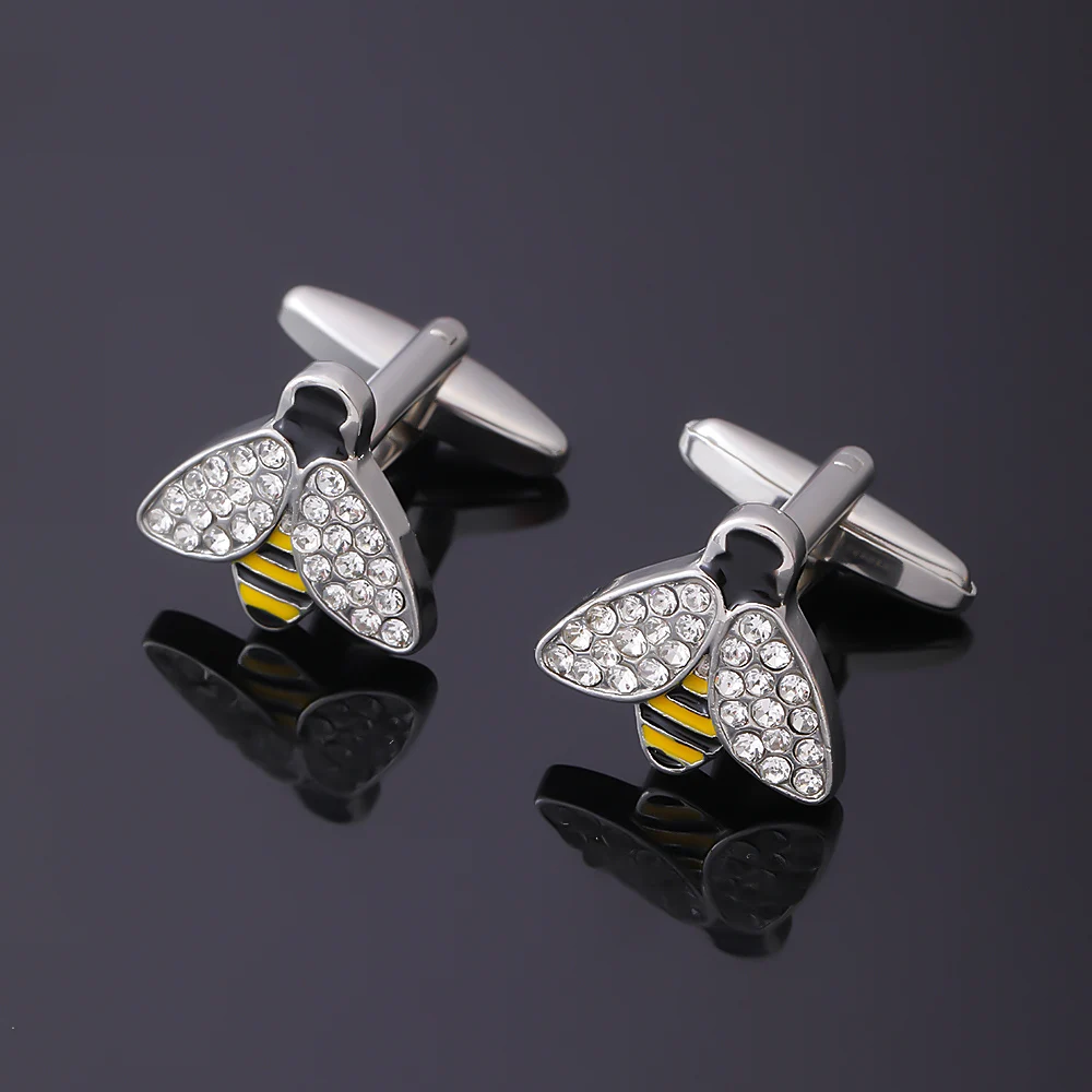 OL Pretty Bumble Bee Cufflinks White Rhinestone Yellow Black Enamel Honeybee Cuff Links Shirt Suit Tuxedo Sleeve Button