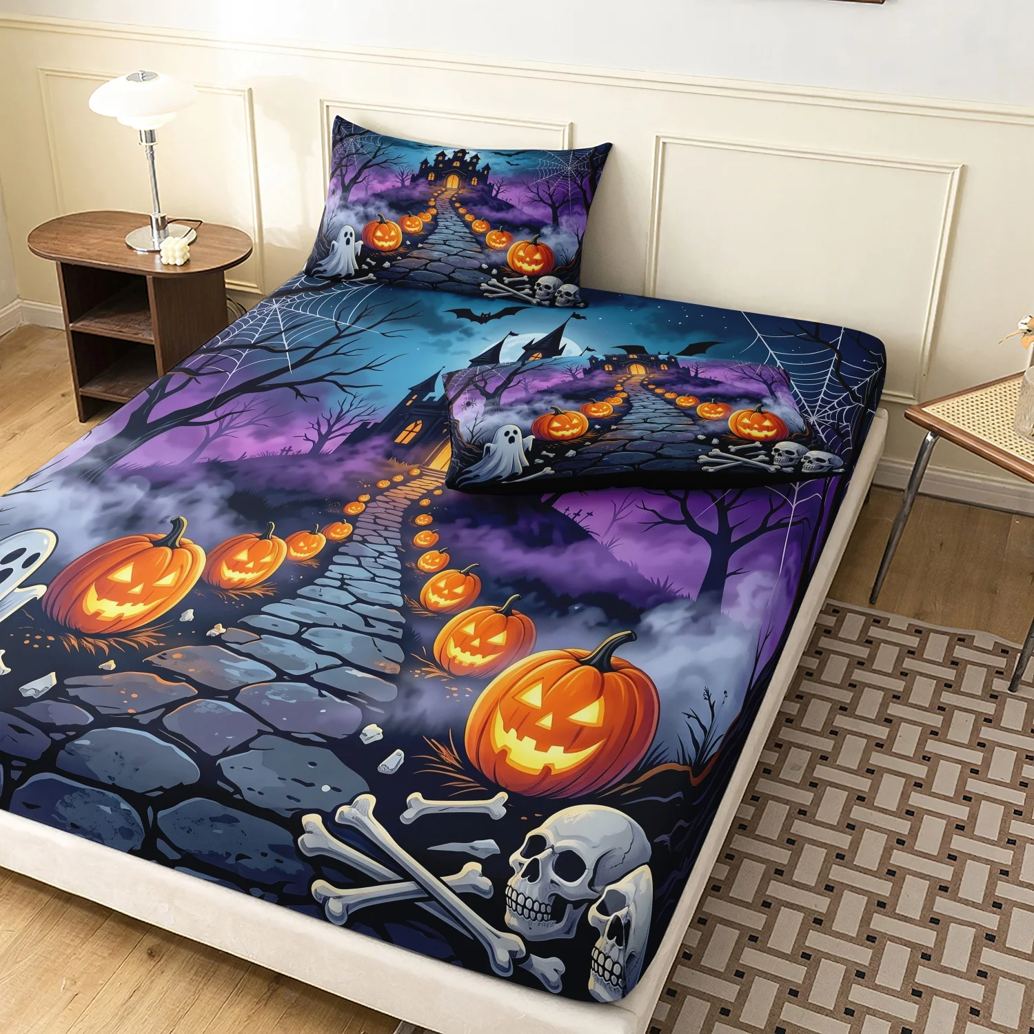 3 Pieces Halloween Spooky Castle Print Fitted Sheet Set, Purple Night Ghost Pumpkin Skull Haunted House Printed Bedding