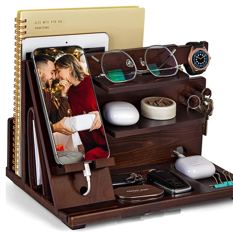 Wooden Mobile Phone Holder Desktop Storage Rack Multifunction Shelf Sundries Tray Charging Station Organizers Storage for Gift