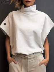 ZANZEA Stylish Summer T-shirt Fashion Women Turtleneck Solid Color Blouses Baggy Casual Short Sleeve Bat Sleeve Blusas Mujer