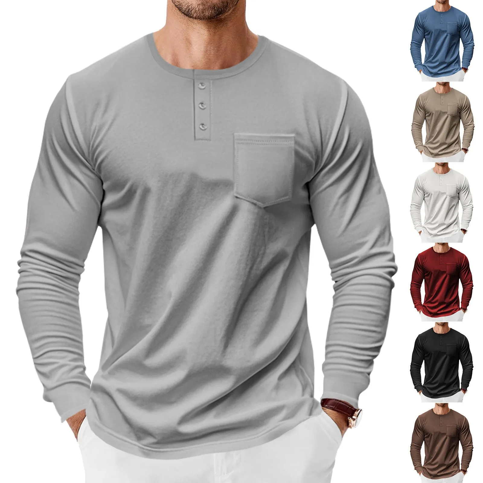Casual Solid T Shirt Slim Fit Button Placket Shirt Three Button Long Sleeve Knit Men's Tee Chest Pocket Round Neck T-shirt