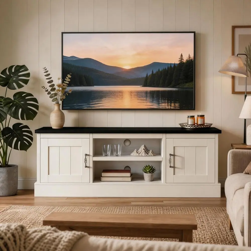 

65 Rustic Wooden TV Stand with 2 Cabinets, Open Shelves, Cable Management for Entertainment Center