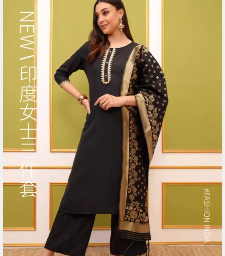 

Indian Women's Embroidery Medium Long Cotton Blend Seven Quarter Sleeve Three Piece Set