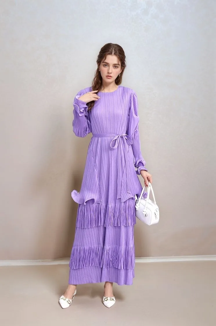 Women's Pleated Maxi Dress with Tiered Ruffle Hem Long Sleeve Boho Evening Gown Pleated Dress Birthday Dress for Women