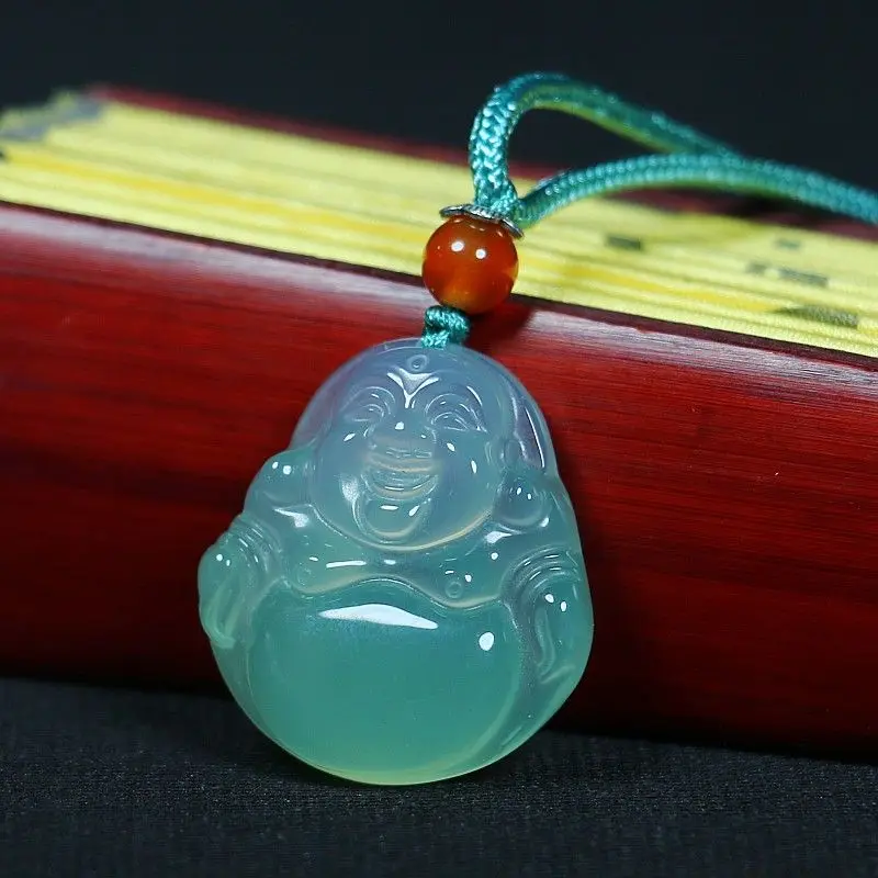 Natural Agate and Chalcedony, Ice Transparent Green and White Dual Color Buddha Pendant, Women's Fashionable Temperament