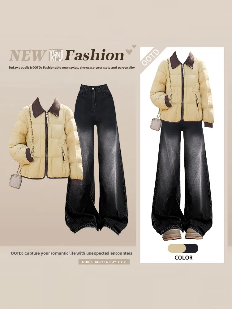 

Ele Lazy Sle Cotton Jaet Denim Wide Leg adient Jeans Women's Autumn Winter Loose Faionable Set High Waist Long Sl...