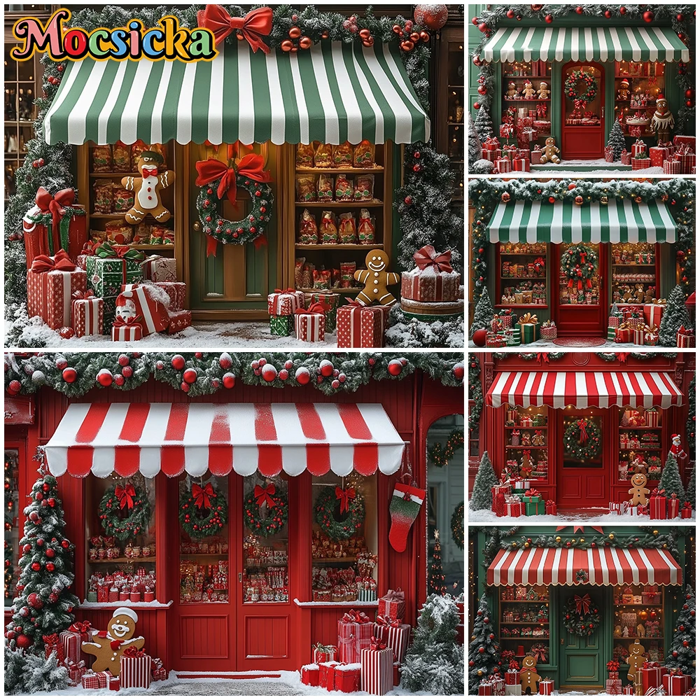 

Mocsicka Christmas Shop Photo Background Winter Snow Gift House Store Decorations New Year Party Backdrops Photography Wallpaper