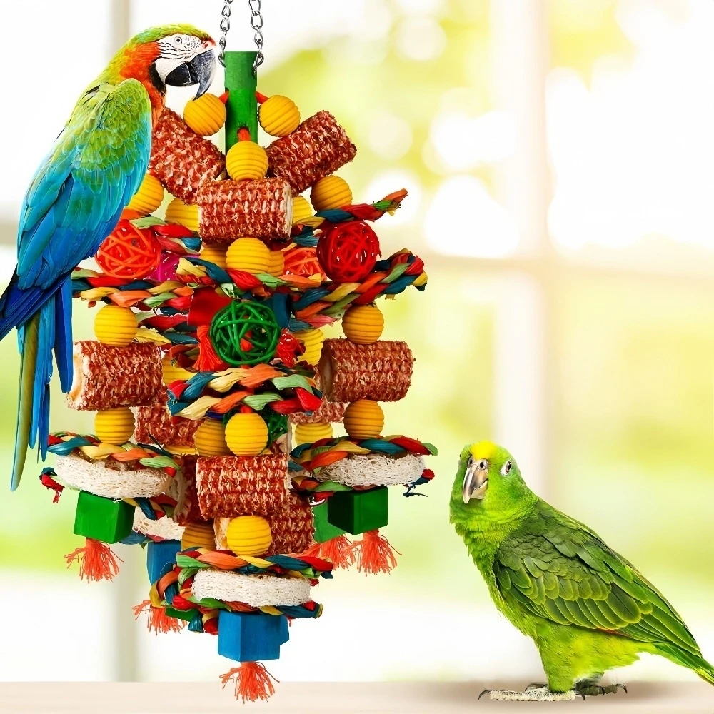 Große Papageien-Kauspielzeuge aus Naturholz mit Rattanbällen, Hängende Käfigspielzeuge für Ara, Kakadu und Graupapageien – Detail 3