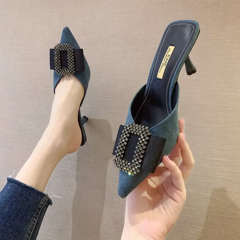 Baotou Half Slipper Clogs Shoe Women Pointed Toe Stiletto High Heels Korean All-match Pumps Luxury Square Rhinestone Mules Shoes