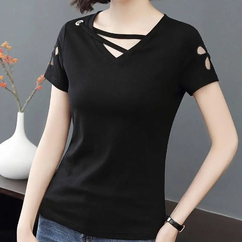 Estate moda scollo a v scava fuori Slim Casual Pullover t-shirt donna tinta unita manica corta oversize Tee donna Vintage Tee