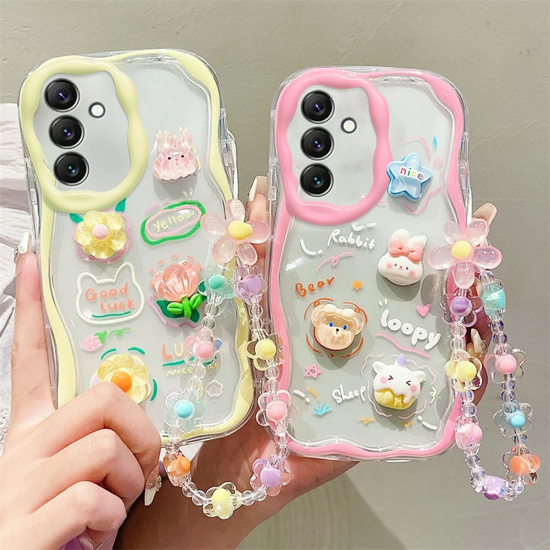 

Curly Wave Cream Rabbit Flower Wrist Chain Case For Samsung Galaxy A55 A35 A54 A34 A25 A24 A14 A53 A33 A23 A52 A32 A12S Cover