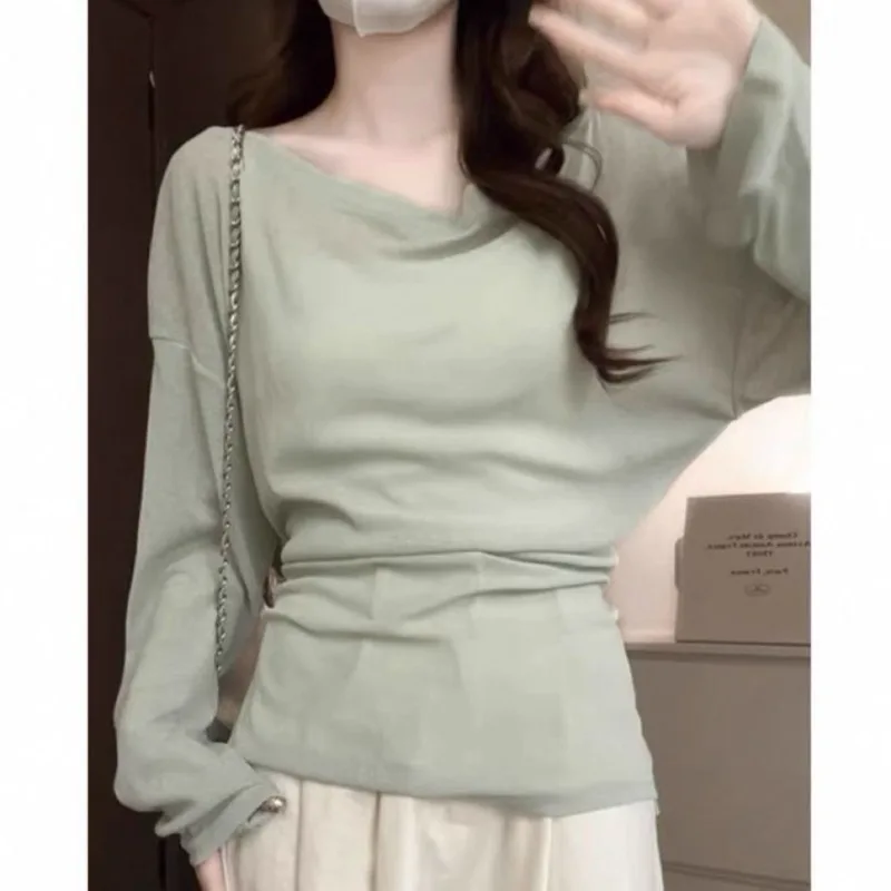 Women's Back Bandage Off Shoulder See Through Long Sleeve Oversized T Shirt Sexy Korean Chic Streetwear Daily Top
