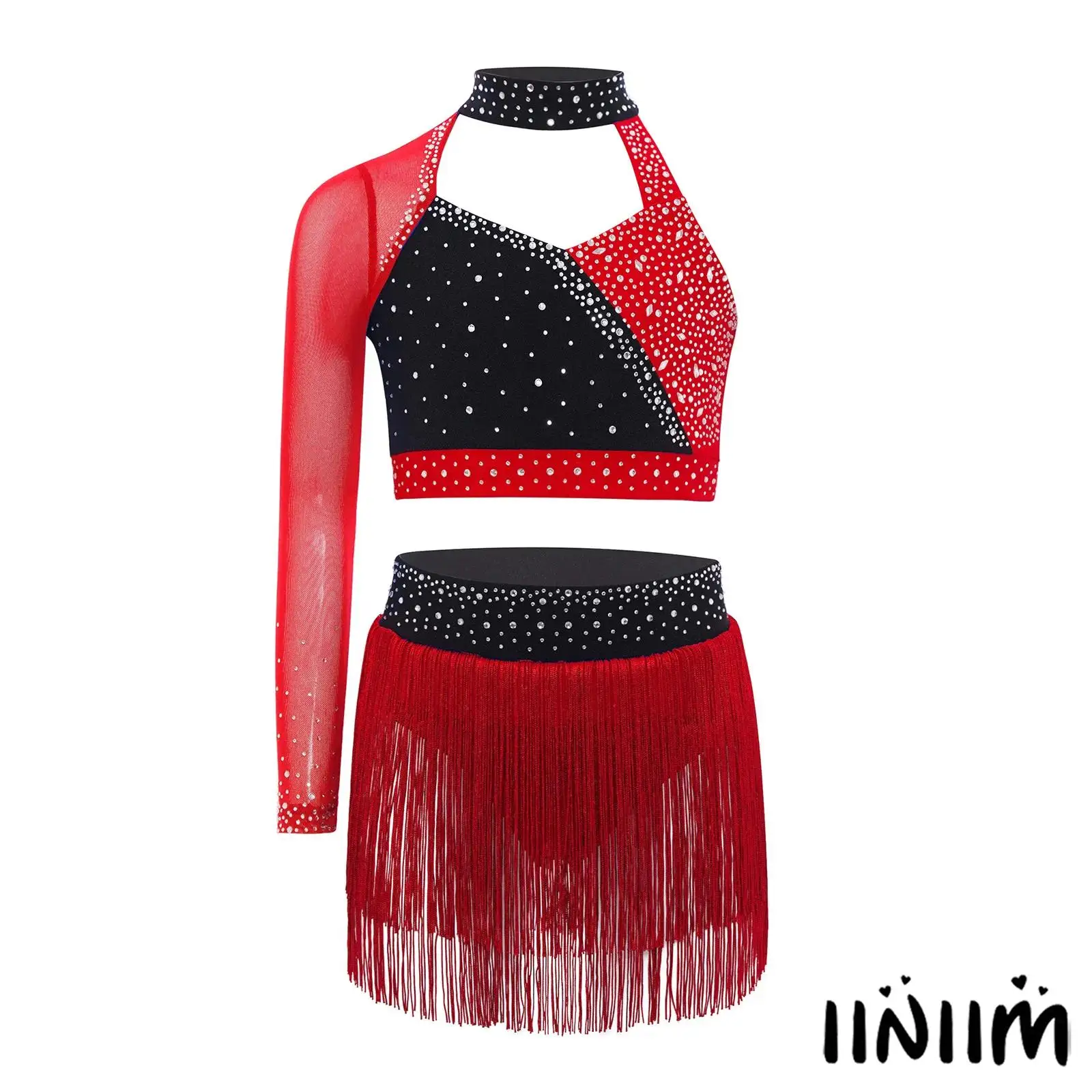 

Kids Girls Jazz Latin Dance Costume Sheer Mesh Long Sleeve Color Block Crop Top+Tassel Briefs Skirt Set Belly Lyrical Dancewear