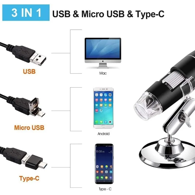 USB Digital Microscope 50X to 1600X, 8 LED Magnification Endoscope Camera with Metal Stand, With USB+Micro+Type-C For windows