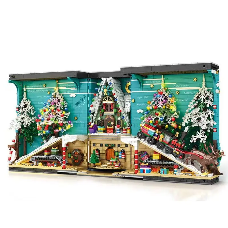 Reobrix 66034 Christmas Train Station, 66033 3D Folding Book Files Christmas Tree Street View Building Blocks Assembly Model Toy