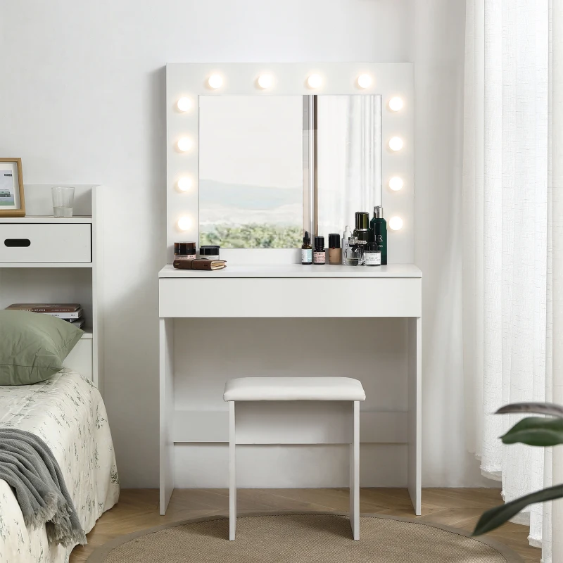 FENGSHUO Vanity Table With Large Lighted Mirror Makeup Vanity Dressing Table With Drawer 1pc Upholstered Stool 12 Light Bulbs