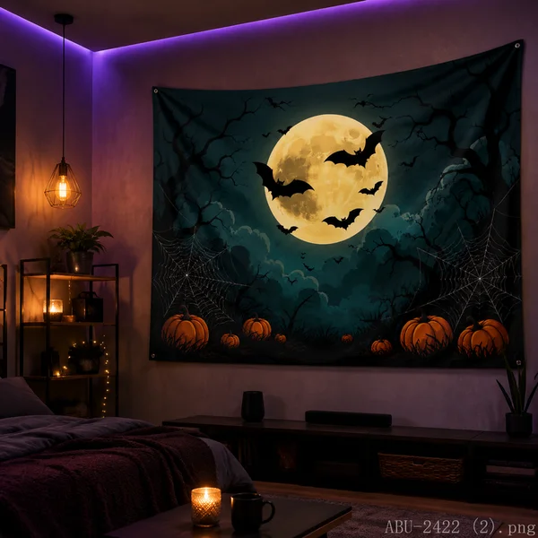 VIKAMA Full Moon Bats Tapestry Purple Starry Sky Spider Web Wall Hanging Gothic Halloween Witchy Bedroom Wall Art Decor