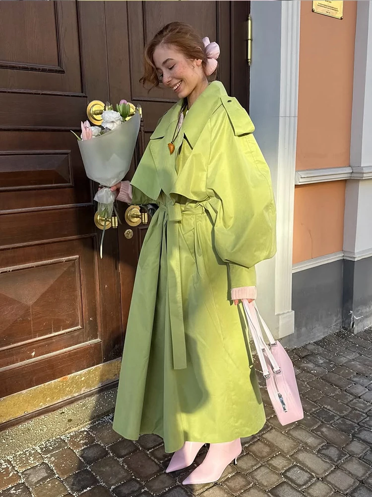 Women Green Lapel Trench Coat Fashion Belted Long Sleeve Loose Outerwear Chic 2025 New Autumn Street Travel Leisure Lady Outwear