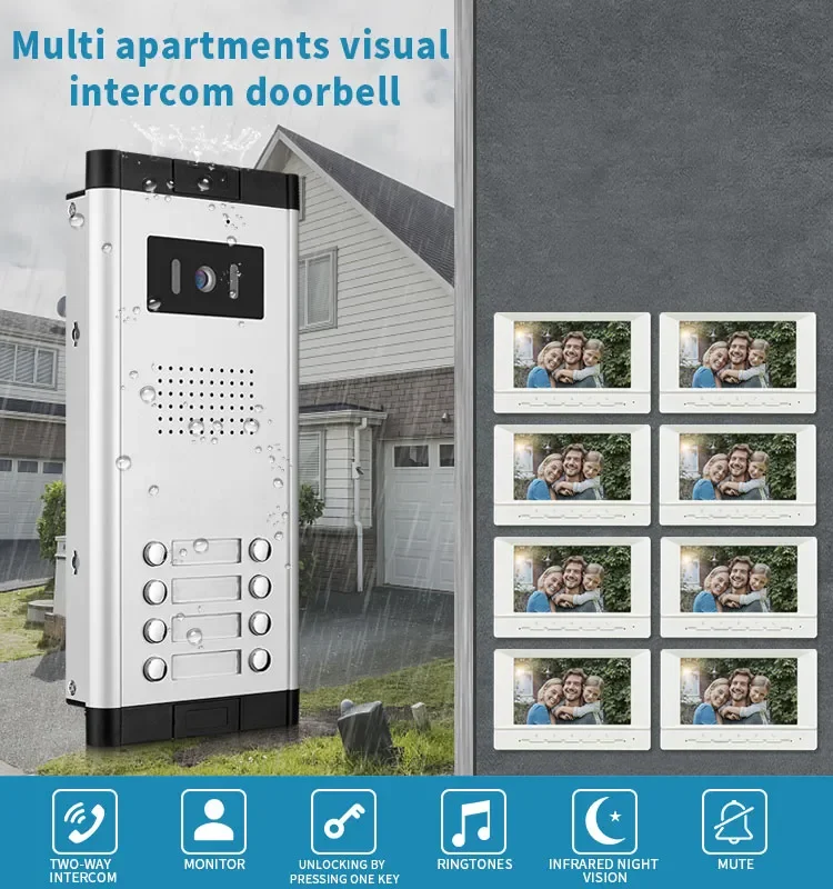 7inch Screen Wired  8 buttons for multifamily video doorbell with waterproof camera video door phone system