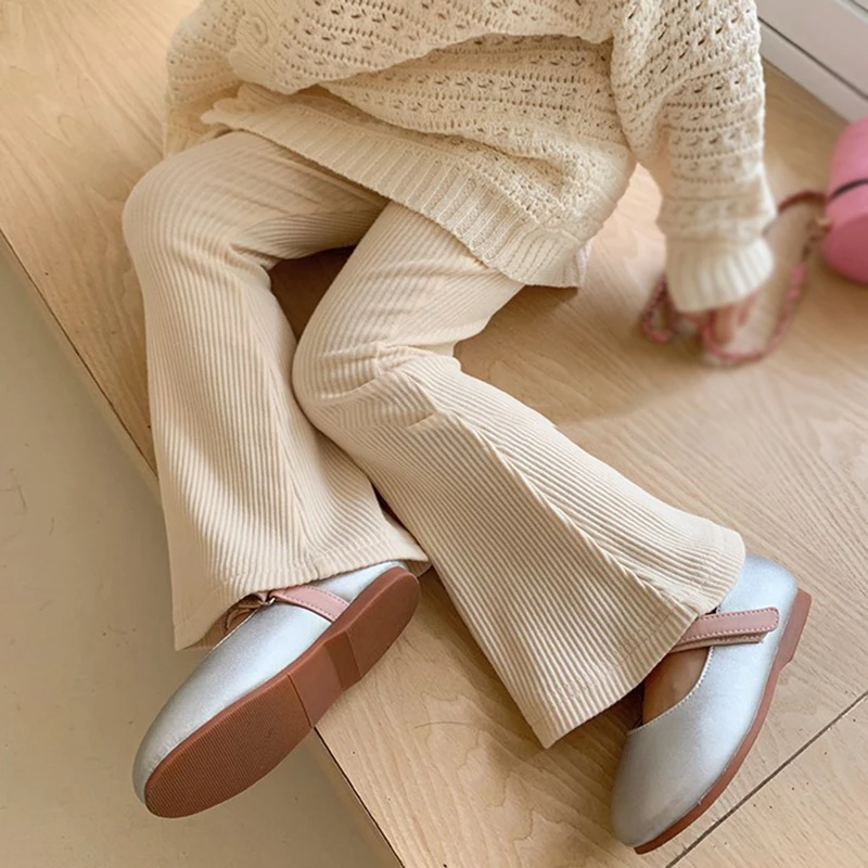 Summer Children Solid Color Striped Thin Knit Flared Pants Girls Casual Trousers Korea Fashion  Princess Style Long Pants