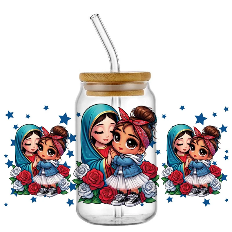 

Мультяшная девушка «Мать Бога», УФ-обертка для чашки DTF для 16 унций, водонепроницаемые наклейки для переноса UVDTF, наклейки для очков, чашек, кружки, сделай сам, наклейка