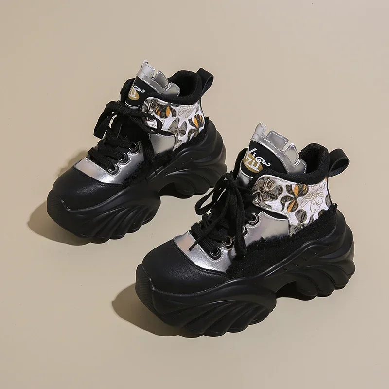 New Women Casual Platform Sneakers 8.5CM High Heels Autumn Sports Leather Shoes Breathable Trainers Chunky Zapatos Mujer