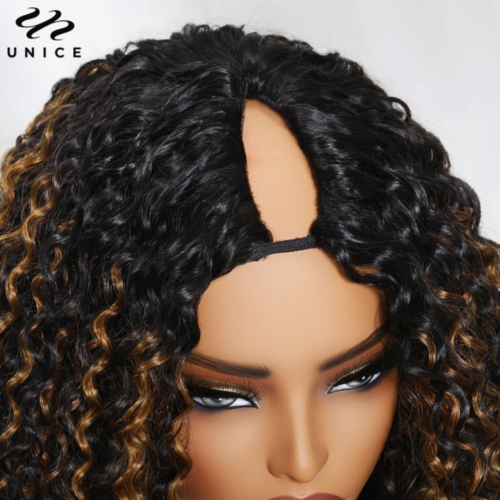 UNICE الشعر Balayage تسليط الضوء على شعر مستعار مجعد الخامس جزء مع الرباط صالح لجميع أحجام الرأس 100% خصلات الشعر المستعار الإنسان كليب في 150% الكثافة #4