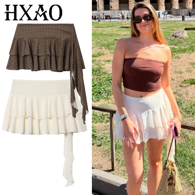 HXAO Layered Chiffon Skirt Shorts Ladies Fashion Mini High Waist Lace-Up Culottes Female Ruffle Beige Skirts Fairycore Culottes
