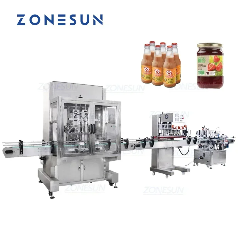 ZONESUN Full Automatic Production Line Servo Liquid Cream Juice Filling Capping Round Bottle Labeling Machine for Cosmetic