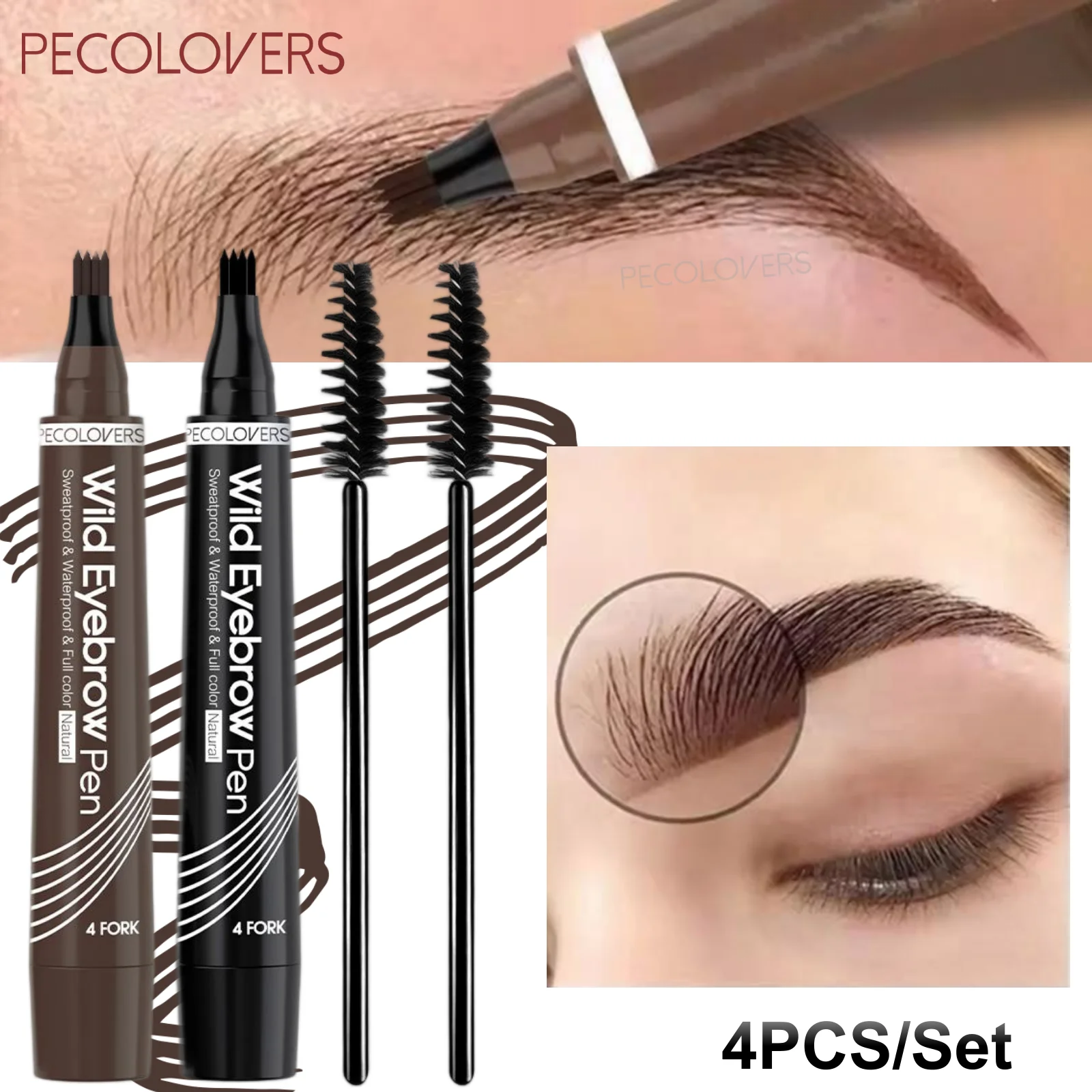 2PCS Four-pronged Eyebrow Pencil + 2PCS Eyebrow Comb, Smooth, Easy To Create Well-defined Wild Eyebrows, Easy To Use, Waterproof