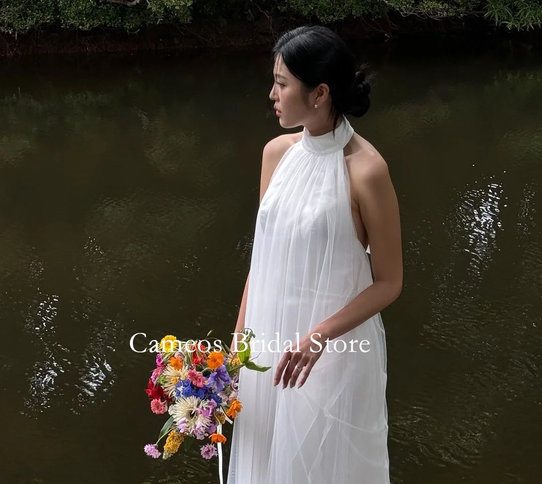 SONDR High Neck Fashion Korea A-Line Simple Wedding Dresses Photo Shoot VINTAGE Elegant Tulle BacklessCustomized Bridal Gown