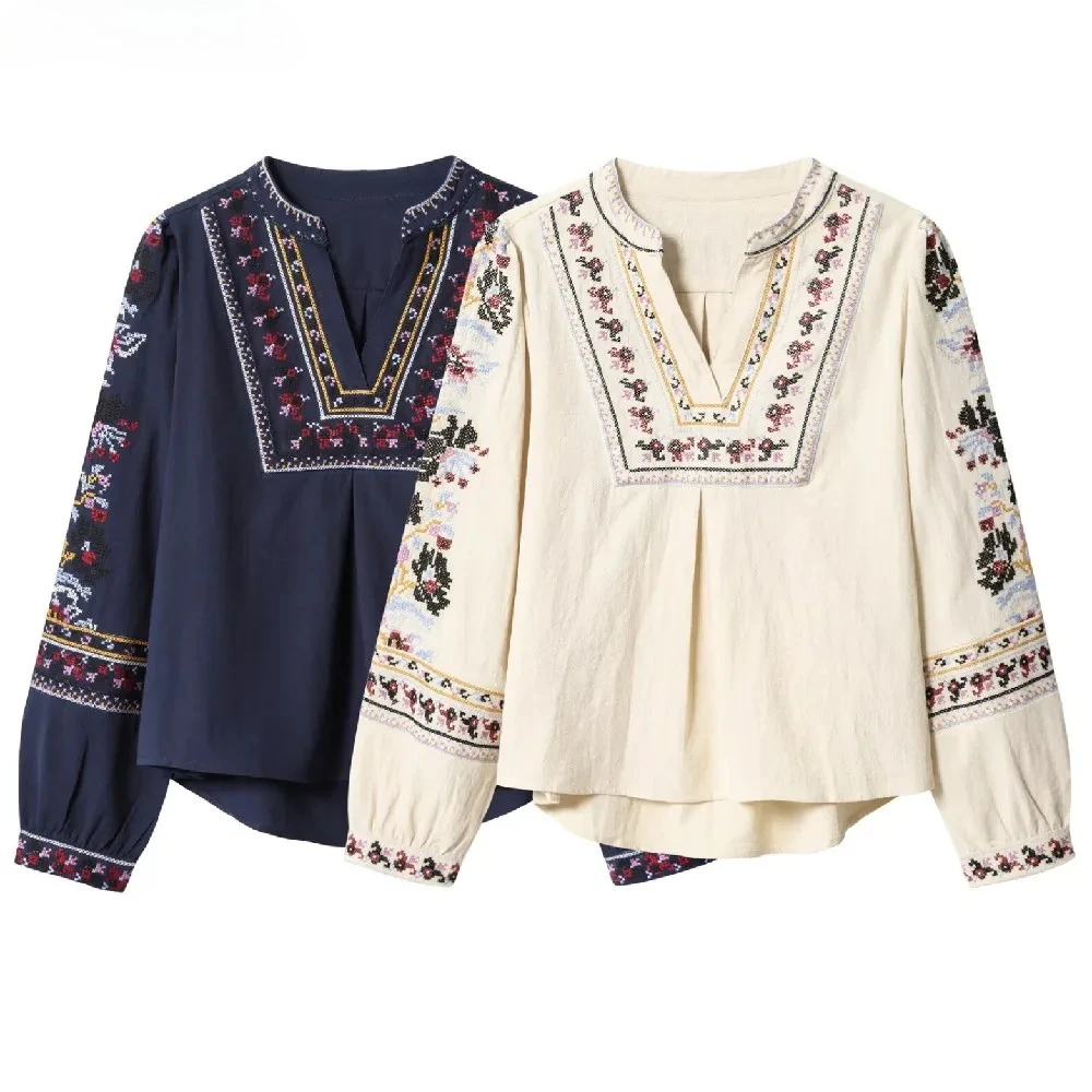 

2025 Autumn Ethnic V neck Embroidery Flower Totem Pullover Shirt Women Full Sleeve Loose Blouses BOHO Tops Beige Navy