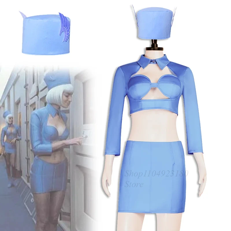 

Movie The Fifth Element Airline Stewardess Cosplay Costume Adult Women Shirt Skirt Sexy Hat Full Set Accessoies Uniform Outfits