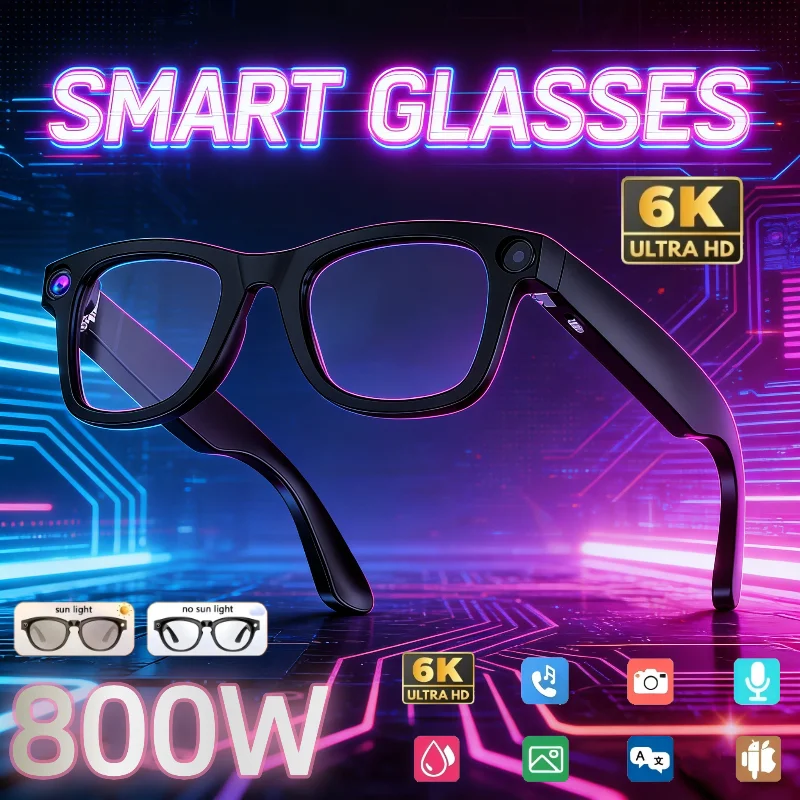 6K HD AI Smart Glasses 800MP Photochromic Multifunctional Bluetooth Calling Photo Video ChatGPT Translation Motorcycle Goggles