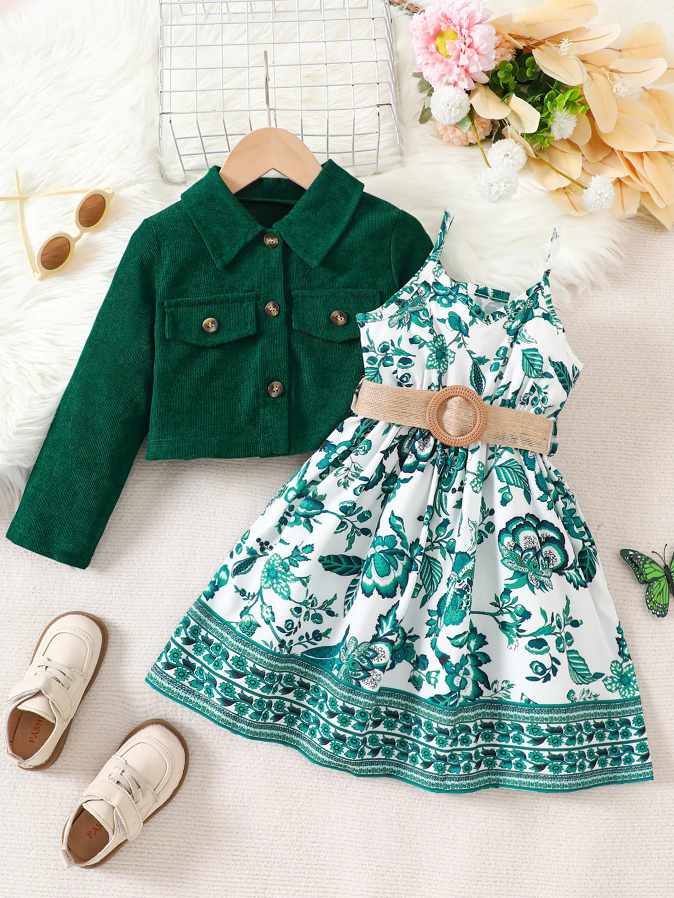 Set 2 Pezzi per Bambine: Giacca + Vestito Stampato, Adatto per Età 4-7 Anni. Set Giacca a Maniche Lunghe con Abito a Stampa Floreale, Perfetto per Git