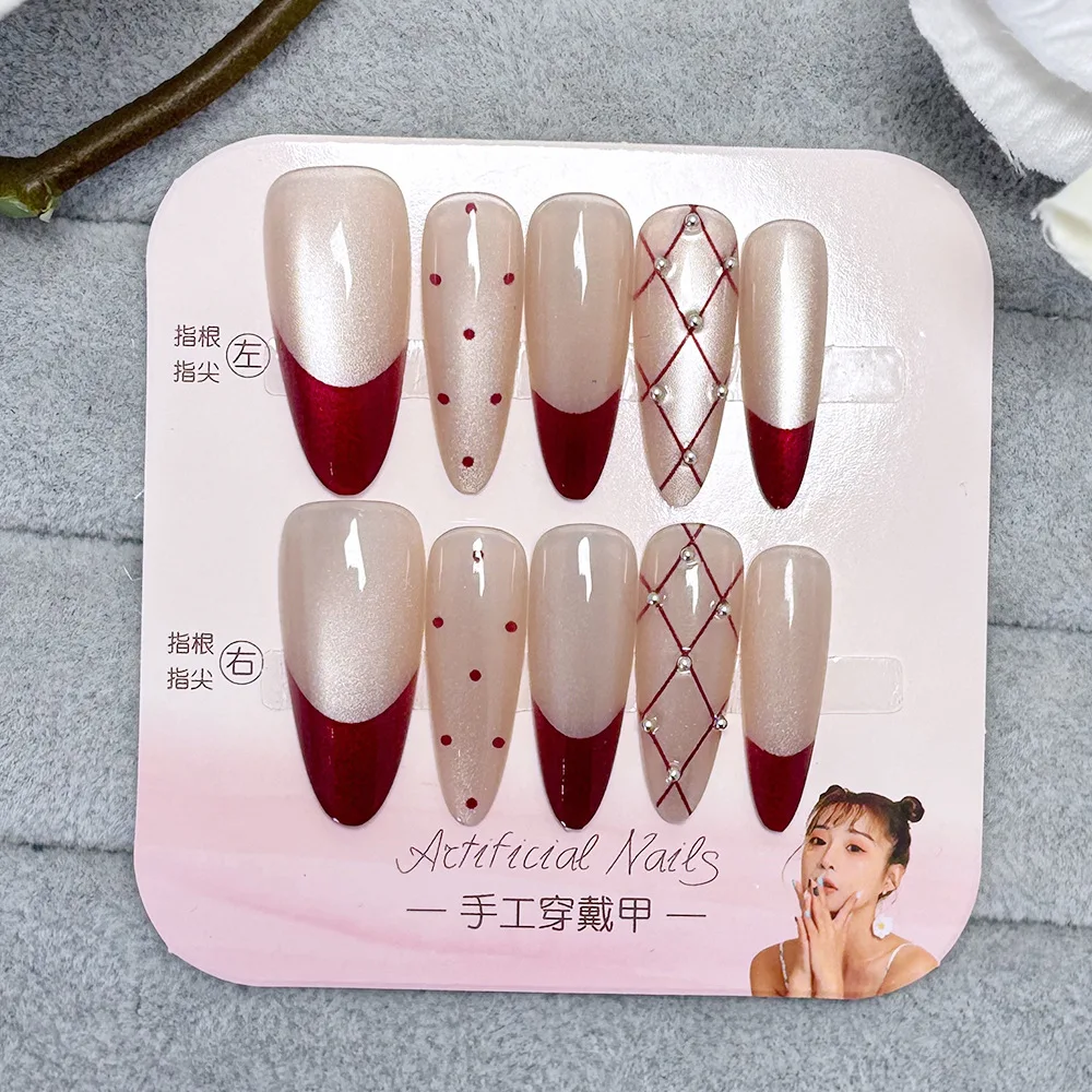 

10 шт., накладные ногти ручной работы, французский кошачий глаз, горошек, маникюр, миндаль, пресс для ногтей, лестница средней длины, осень/зима, дизайн ногтей