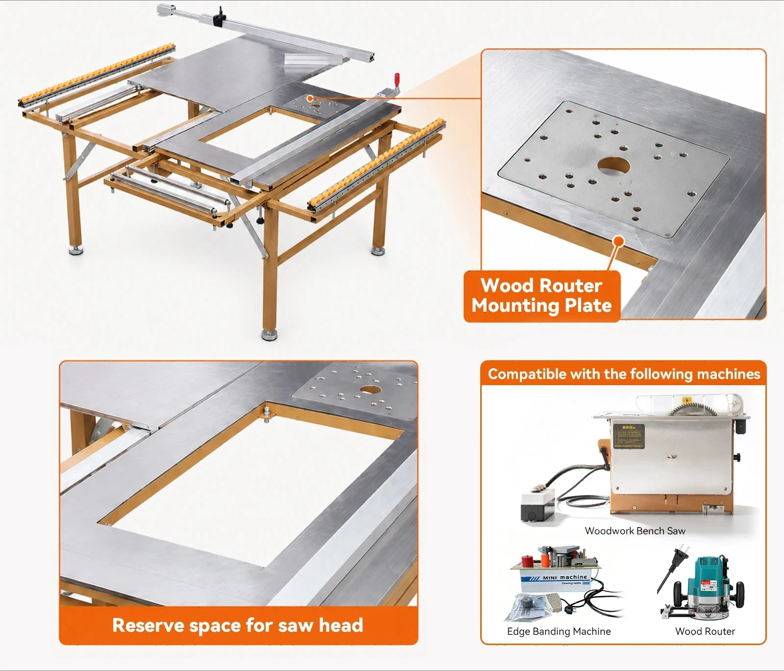 Factory Direct 2026 Podofo Multi-functional Push Table Saw Foldable Saw Table Workbench 4-Side Steel Frame Woodworking Station