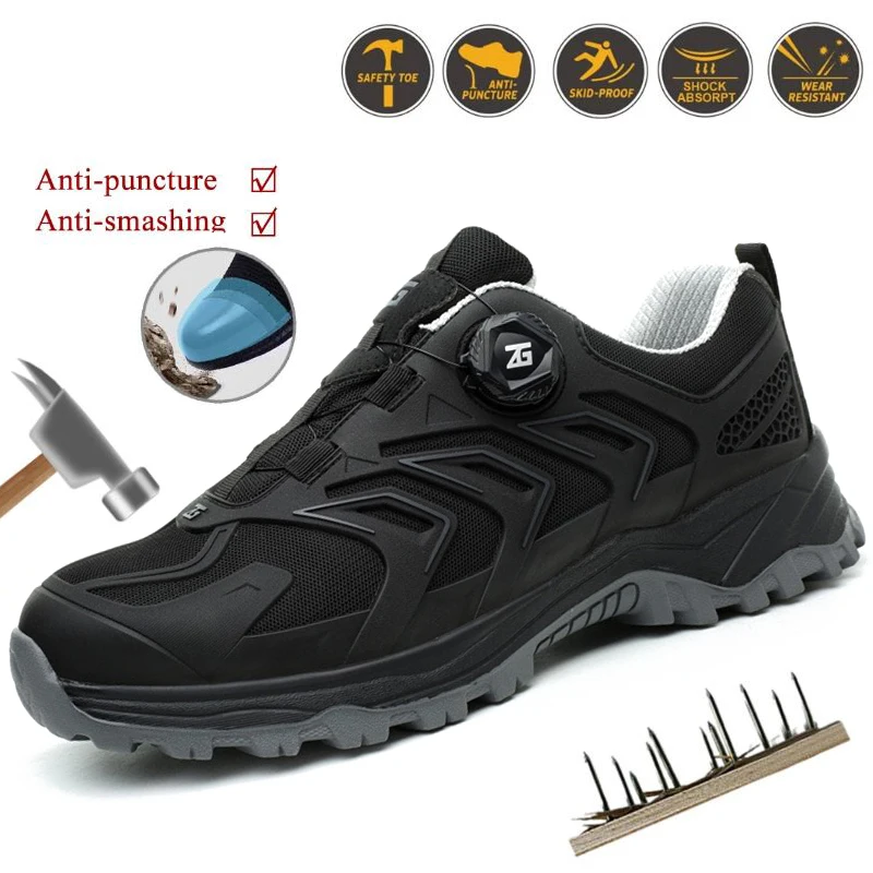 New rotating button shoes lazy lace-free work shoes breathable male anti-smash anti-puncture wear-resistant safety shoes