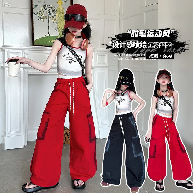 Teenager Girl Tie dye work pants Summer cotton Color blocked letter vest fashion junior kid Pocket trousers child outfits 4-14Y