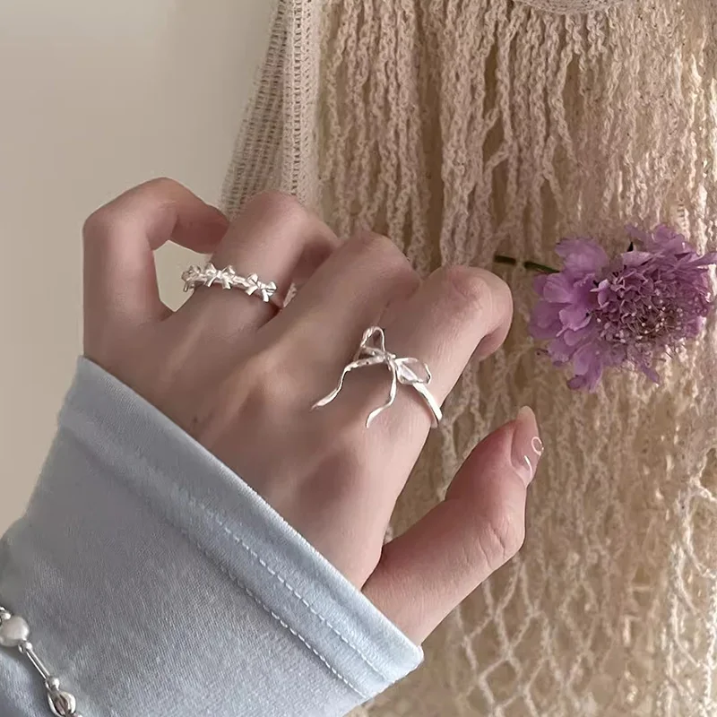 Foxanry Silver Color Ribbon Bowknot Rings For Women Girls Niche Design Simple Sweet Gentle Temperament Anniversary Jewelry Gifts